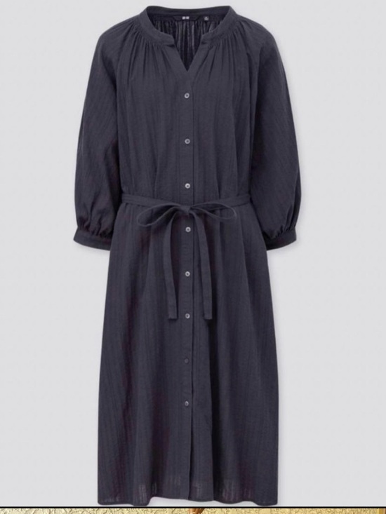 Uniqlo Dresses & Skirts - Uniqlo Navy Cotton Dobby Peasant Dress with 3/4 sleeves M